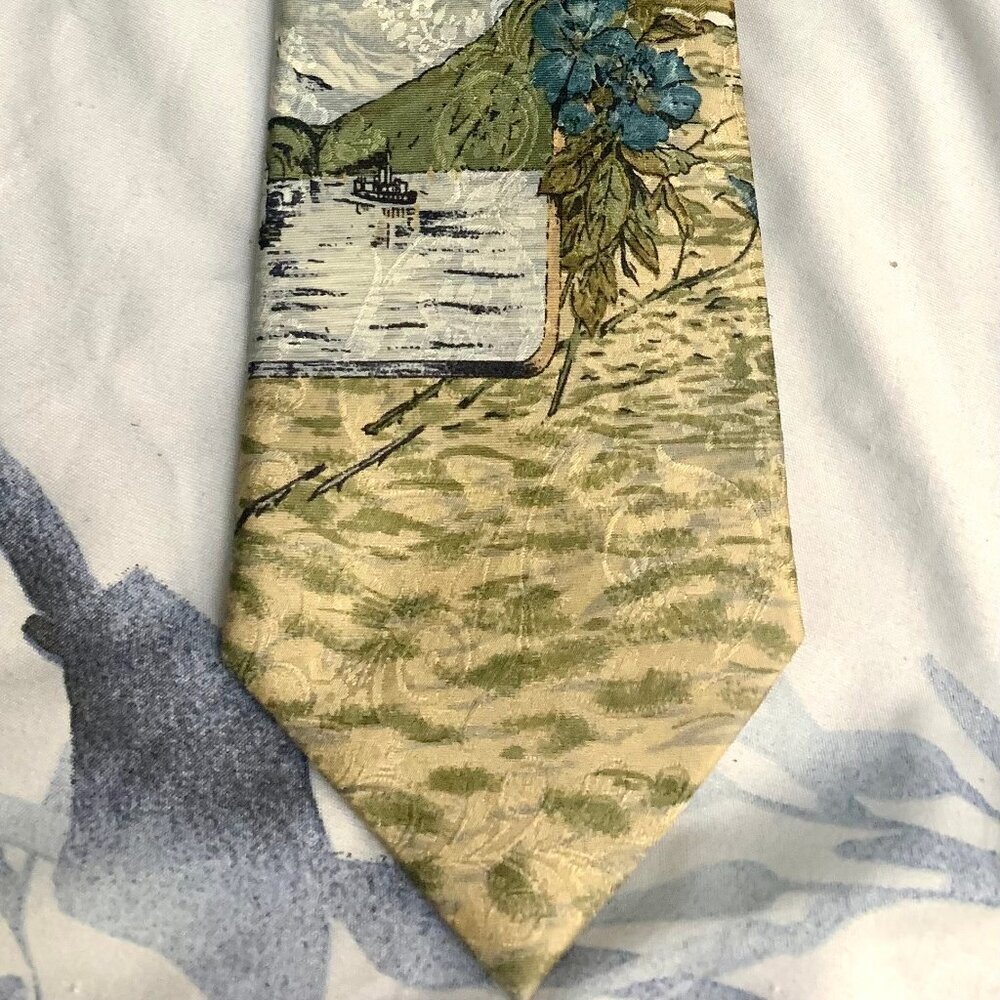 Vintage Village Scenery‎ Art Tie 100% Silk Made in Italy